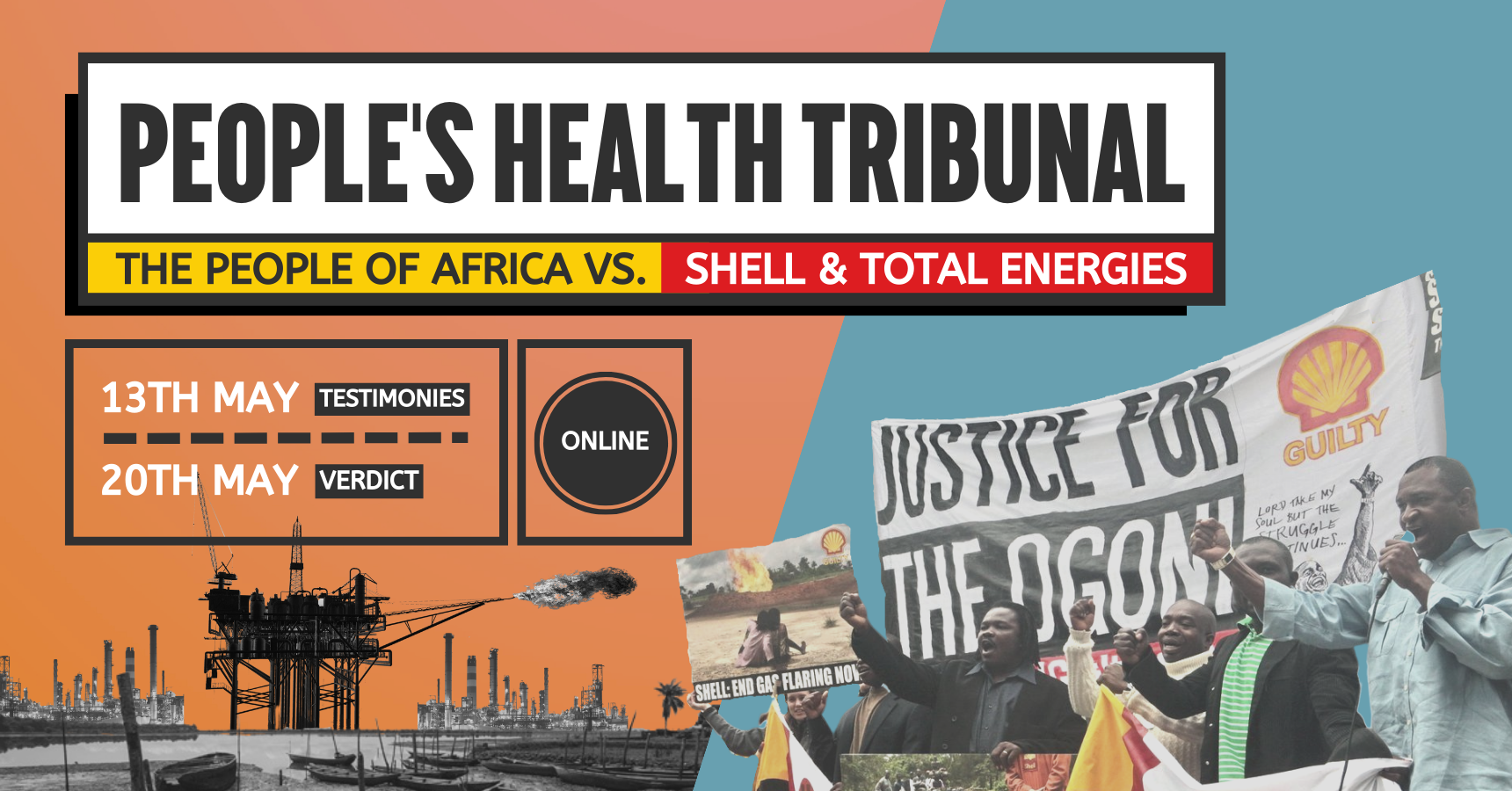Banner for the People's Health Tribunal: 13th May Testimonies, 20th May Verdict, both online.